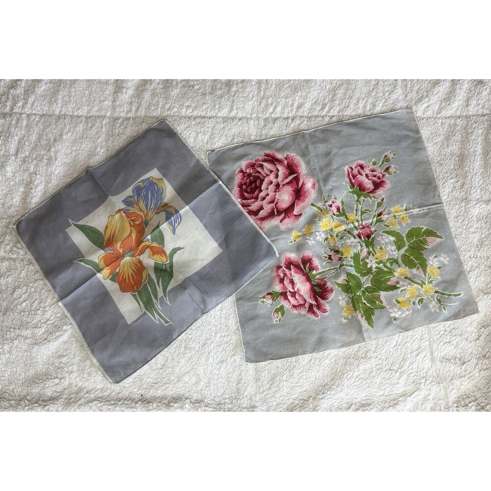Set Of 2 Vintage MCM Handkerchiefs Floral Cotton Gray Pink Roses & Orange Iris